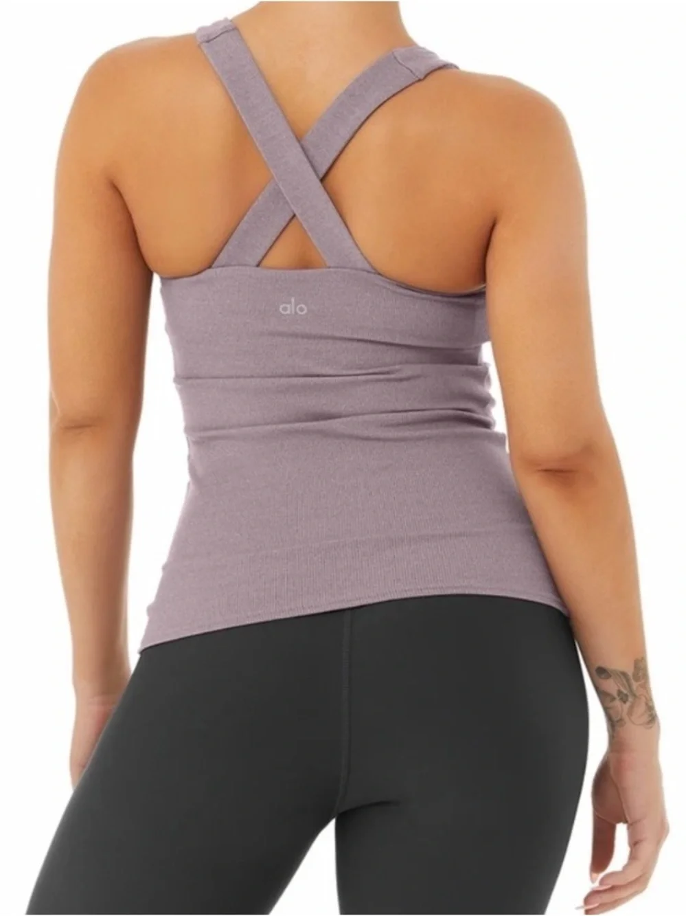 Alo Yoga Elevate Padded Tank Crossover Back Gym XS Heathered Mauve Purple